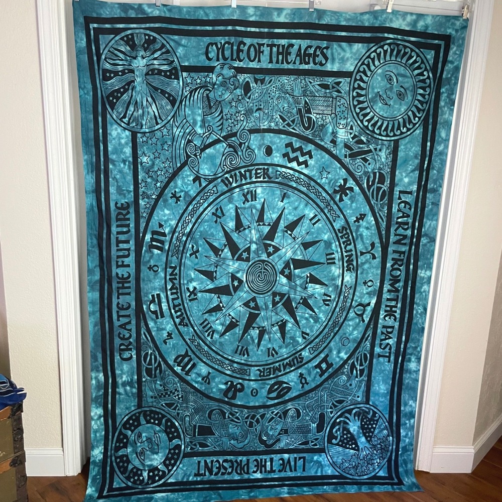 Surreal Entertainment Zodiac Astrology Tapestry 58"x81" Blue Sun Cycle of Ages